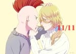  2boys artist_name bald bazz-b bleach blonde_hair blue_eyes blush dated earrings food green_eyes jewelry jugram_haschwalth long_hair male_focus mohawk multiple_boys necklace pocky pocky_day pocky_kiss redhead ronisuke shared_food simple_background upper_body yaoi yellow_background 