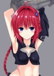  &gt;:) 1girl ahoge arm_cannon armpits arms_up blue_eyes blush braid detached_sleeves elbow_gloves fingerless_gloves gloves hair_ornament kurosaki_mea long_hair looking_at_viewer midriff navel redhead simple_background smile solo tatsuno to_love-ru to_love-ru_darkness upper_body vest weapon 
