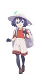  1girl :o backpack bag black_gloves black_hair blue_eyes brown_shoes chestnut_mouth clenched_hand eyebrows eyebrows_visible_through_hair feathers full_body gloves hair_between_eyes hat highres kaban kemono_friends loafers looking_up nagisa_kurousagi open_mouth pantyhose red_shirt safari_hat shirt shoes short_hair short_sleeves shorts simple_background solo sweat tareme walking white_background 