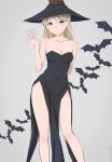  1girl bare_shoulders bat blonde_hair breasts character_request cleavage glasses grey_background halloween hat highres koe_no_katachi medium_breasts miura-n315 side_slit smile solo thighs witch witch_hat 