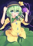  1girl absurdres adjusting_clothes adjusting_hat blush east01_06 green_eyes green_hair hat heart heart-shaped_pupils highres komeiji_koishi looking_at_viewer night night_sky open_mouth short_hair sky solo star_(sky) starry_sky symbol-shaped_pupils third_eye touhou 