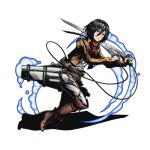  1girl black_eyes black_hair boots brown_boots brown_jacket divine_gate dress_shirt full_body grey_pants grey_shirt hair_between_eyes holding holding_sword holding_weapon knee_boots mikasa_ackerman military military_uniform official_art pants red_scarf scarf shadow shingeki_no_kyojin shirt short_hair solo sword three-dimensional_maneuver_gear transparent_background ucmm uniform weapon 