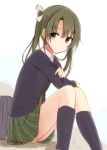  1girl alternate_costume black_legwear buttons cardigan expressionless green_eyes green_hair green_skirt kantai_collection kneehighs long_hair mashayuki school_uniform sitting skirt solo twintails twitter_username zuikaku_(kantai_collection) 