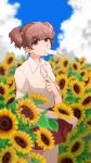  1girl alisa_(girls_und_panzer) bangs blurry brown_eyes brown_hair clouds cloudy_sky cowboy_shot day depth_of_field dress_shirt field flower flower_field food food_in_mouth freckles girls_und_panzer hair_ornament hao_(udon) long_sleeves looking_at_viewer miniskirt mouth_hold outdoors pleated_skirt popsicle red_skirt school_uniform shirt shirt_tug short_hair short_twintails skirt skirt_lift sky sleeves_rolled_up solo standing star star_hair_ornament sunflower sweat twintails white_shirt 