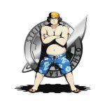  brown_eyes brown_hair collarbone crossed_arms divine_gate full_body glasses hashida_itaru hat looking_at_viewer official_art shadow steins;gate swimwear transparent_background ucmm visor_cap yellow_hat 