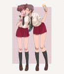  2girls alisa_(girls_und_panzer) arm_around_waist bag bangs black_legwear black_necktie blush brown_eyes brown_hair brown_shoes carrying closed_eyes closed_mouth dress_shirt face_licking food freckles full_body girls_und_panzer hair_ornament hao_(udon) holding holding_food ice_cream_cone kneehighs licking loafers long_sleeves miniskirt multiple_girls naomi_(girls_und_panzer) necktie one_eye_closed outside_border pleated_skirt red_skirt school_bag shirt shoes short_hair short_twintails skirt sleeves_rolled_up standing star star_hair_ornament twintails very_short_hair white_shirt 