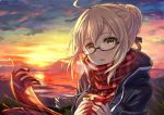  1girl black-framed_eyewear blonde_hair breath fate/grand_order fate_(series) gift glasses heroine_x heroine_x_(alter) holding holding_gift kusano_shinta looking_at_viewer plaid plaid_scarf red_scarf saber scarf school_uniform semi-rimless_glasses solo sunset twilight under-rim_glasses yellow_eyes 