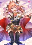  1boy blush braid cape fate/apocrypha fate/grand_order fate_(series) garter_straps hair_ribbon imonovel long_hair looking_at_viewer male_focus open_mouth pink_hair ribbon rider_of_black single_braid smile solo sword thigh-highs trap weapon 