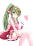  1girl bare_legs blush cape chiki dragon_girl dress eyebrows_visible_through_hair fire_emblem fire_emblem:_mystery_of_the_emblem green_eyes green_hair hair_between_eyes heart highres holding long_hair looking_at_viewer mazeru_(jisjifin) pink_dress pointy_ears ponytail short_dress sleeveless smile solo stone tiara white_background wrist_cuffs 