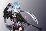  1girl artist_name blue_eyes blue_hair breasts cleavage closed_mouth commentary_request cowboy_shot dated fingerless_gloves gloves gradient gradient_background green_jacket gun hair_ornament hairclip highres holding jacket jjdan long_sleeves looking_at_viewer medium_breasts pgm_hecate_ii rifle scarf shinon_(sao) short_hair short_shorts shorts smile sniper_rifle solo sword_art_online weapon 
