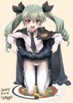  1girl 2017 anchovy artist_name belt black_shoes black_skirt blush brown_eyes cape dated dress_shirt drill_hair emblem full_body girls_und_panzer green_hair groin hair_ornament hair_ribbon holding_skirt kneeling loafers long_hair long_sleeves looking_at_viewer miniskirt necktie open_mouth orange_background panties panties_under_pantyhose pantyhose pantyshot pantyshot_(kneeling) pleated_skirt ribbon school_uniform shirt shoes signature simple_background sitting skirt skirt_lift smile solo tied_hair twin_drills twintails ugeppa underwear uniform white_legwear white_shirt 