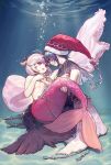  2girls adapted_costume ahoge ainy77 air_bubble blue_eyes blue_hair breasts carrying commentary_request doremy_sweet hair_ribbon hat highres kishin_sagume looking_at_another medium_breasts mermaid monster_girl multiple_girls nightcap princess_carry red_eyes ribbon silver_hair smile topless touhou underwater 