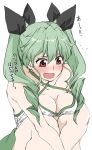  1girl anchovy blush breasts cleavage drill_hair elf_(stroll_in_the_woods) girls_und_panzer green_hair hair_between_eyes highres long_hair medium_breasts red_eyes solo translated twin_drills upper_body white_background 
