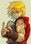  1boy blonde_hair brown_eyes capcom dougi eyebrows fighting_stance fingerless_gloves gloves hankuri ken_masters male_focus muscle pointing simple_background sleeveless smile solo street_fighter taunting 