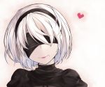  1girl black_dress black_hairband blindfold closed_mouth covered_eyes dress facing_viewer fuyoru hair_over_eyes hairband heart juliet_sleeves lips long_sleeves looking_at_viewer mole mole_under_mouth nier_(series) nier_automata pink_lips puffy_sleeves ribbed_dress short_hair silver_hair smile solo turtleneck upper_body white_hair yorha_no._2_type_b 