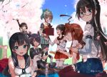  6+girls :d agano_(kantai_collection) ahoge arm_up barefoot black_gloves black_hair black_legwear blue_eyes blue_skirt bottle bow breasts brown_eyes brown_hair brown_legwear cardigan checkered checkered_necktie cherry_blossoms chopsticks cleavage commentary_request dango detached_sleeves elbow_gloves eyepatch fingerless_gloves food glasses gloves green_skirt grey_hair hair_bow headgear hip_vent holding holding_bottle holding_food holding_plate kantai_collection ko_ru_ri kuma_(kantai_collection) long_hair long_sleeves multiple_girls nagara_(kantai_collection) necktie ooyodo_(kantai_collection) open_mouth pantyhose plate pleated_skirt ponytail purple_hair red_skirt sailor_collar school_uniform sendai_(kantai_collection) serafuku short_hair short_sleeves shrimp side_ponytail sitting skirt sleeveless smile tenryuu_(kantai_collection) thigh-highs wagashi white_gloves white_legwear yellow_eyes yuubari_(kantai_collection) 