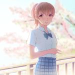  1girl blonde_hair blush breasts cherry_blossoms highres koe_no_katachi looking_at_viewer medium_breasts miura-n315 nishimiya_shouko ponytail railing school_uniform signing skirt smile solo yellow_eyes 