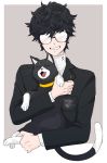  1boy black_hair carrying cat curly_hair glasses highres kurusu_akira long_hair looking_at_viewer male_focus morgana_(persona_5) persona persona_5 short_hair simple_background smile sowakoo uniform 