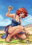  1girl armpits barefoot beach blue_eyes breasts card cleavage feet glasses legs maxa&#039; messy_hair ocean one-piece_swimsuit orange_hair sarong short_hair sky smile solo swimsuit toes water 
