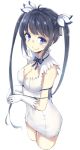  1girl black_hair blue_eyes blue_ribbon breasts cleavage cleavage_cutout covered_navel dungeon_ni_deai_wo_motomeru_no_wa_machigatteiru_darou_ka eyebrows_visible_through_hair gloves hair_ribbon hestia_(danmachi) jekyll862 long_hair looking_at_viewer medium_breasts rei_no_himo ribbon simple_background smile solo twintails white_background white_gloves 