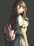  &gt;:3 1girl :3 animal_print arm_at_side backpack bag bangs belda34 breasts brown_eyes brown_hair bunny_print character_name d.va_(overwatch) eyebrows_visible_through_hair facepaint from_side grey_background grey_shirt grey_skirt highres long_hair looking_back medium_breasts miniskirt neckerchief open_mouth overwatch parted_lips pink_lips pleated_skirt sailor_collar school_bag school_uniform serafuku shirt short_sleeves simple_background skirt teeth upper_body whisker_markings yellow_eyes 