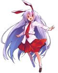  1girl animal_ears brown_shoes highres long_hair long_sleeves necktie open_mouth purple_hair rabbit_ears red_eyes red_necktie red_skirt reisen_udongein_inaba sawayaka_samehada shirt shoes simple_background skirt smile socks solo touhou very_long_hair white_background white_legwear white_shirt 