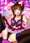  1girl akai_kagerou animal_ears black_legwear breasts brown_hair cat_ears choker cleavage fang fishnet_legwear fishnets garter_straps green_eyes idolmaster idolmaster_cinderella_girls idolmaster_cinderella_girls_starlight_stage kantai_collection long_hair maekawa_miku navel one_eye_closed open_mouth panties paw_pose ponytail ribbon solo spread_legs thigh-highs underwear 