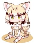  1girl :&lt; animal_ears bare_shoulders between_legs blonde_hair blush bow bowtie cat_ears cat_tail chibi cross-laced_clothes elbow_gloves expressionless eyebrows_visible_through_hair frilled_skirt frills full_body gloves hand_between_legs kemono_friends looking_at_viewer multicolored_hair naga_u pocket ribbon sand_cat_(kemono_friends) sanpaku shadow shirt shoe_ribbon short_hair simple_background sitting skirt sleeveless sleeveless_shirt socks solo streaked_hair striped striped_tail tail tareme white_background white_shirt yellow_eyes 