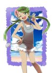  1girl :d ;d bangs bare_arms bare_shoulders beach blue_sky blush breasts clouds cloudy_sky collarbone dark_skin day floating_hair flower green_eyes green_hair hair_flower hair_ornament hand_on_hip headband highres holding ladle long_hair looking_at_viewer mallow_(pokemon) naga_(naga54321) ocean one_eye_closed open_mouth outline overalls parted_bangs pokemon pokemon_(game) pokemon_sm pouch shirt shorts sky small_breasts smile solo standing strapless suspenders teeth tongue trial_captain twintails undershirt v white_shirt 