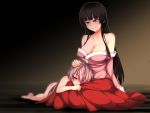  2girls bare_shoulders black_hair blouse blush breasts brown_eyes cleavage closed_mouth collarbone empty_eyes fujiwara_no_mokou hime_cut houraisan_kaguya kuroba_rapid large_breasts long_skirt looking_at_another multiple_girls nude off_shoulder pink_blouse silver_hair sitting skirt smile touhou younger 