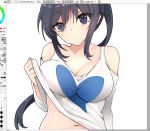  black_hair blue_eyes blush breasts cleavage collarbone huyou_(awegk) large_breasts long_hair looking_at_viewer original painttool_sai photoshop shirt shirt_lift solo sweat 