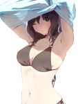  1girl ;( armpits arms_up bangs bikini black_bikini black_ribbon blue_shirt blush breasts brown_eyes brown_hair cleavage closed_mouth collarbone eyebrows_visible_through_hair hair_between_eyes highres long_hair looking_at_viewer medium_breasts navel o-ring_bikini original ribbon see-through shirt side-tie_bikini simple_background sleeveless sleeveless_shirt solo stomach swimsuit tentsu undressing upper_body white_background 