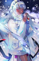  1girl altera_(fate) alternate_costume astarone blush coat dark_skin fate/grand_order fate_(series) red_eyes short_hair snow snowing solo winter_clothes winter_coat 