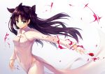  1girl blood breasts brown_hair covered_navel cowboy_shot cross fate/stay_night fate_(series) floating_hair green_eyes hair_ribbon long_hair long_sleeves looking_at_viewer medium_breasts oukatihiro outstretched_arm pants ribbon simple_background smile solo tohsaka_rin 