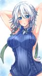  1girl alternate_breast_size armpits arms_up back backless_outfit bangs bare_arms blue_eyes blush braid breasts commentary_request eyebrows eyebrows_visible_through_hair eyes_visible_through_hair grey_hair hair_between_eyes hair_ribbon highres izayoi_sakuya large_breasts maid_headdress meme_attire open_mouth parted_lips ribbon shiny shiny_skin short_hair simple_background solo sui-sakura sweater touhou virgin_killer_sweater 