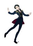  1boy black_hair brown_eyes coat epaulettes highres ice_skates jewelry katsuki_yuuri male_focus mouri ring skates smile yuri!!!_on_ice 