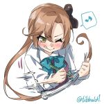  1girl :q ;) akigumo_(kantai_collection) bangs blue_bow blue_bowtie blush bow bowtie brown_bow brown_hair closed_mouth collared_shirt drawing ebifurya eyebrows_visible_through_hair green_eyes hair_bow highres holding holding_pencil kantai_collection long_hair long_sleeves motion_lines musical_note one_eye_closed pencil ponytail quaver shirt simple_background sketchbook sleeveless smile solo speech_bubble spoken_musical_note tongue tongue_out twitter_username upper_body white_background white_shirt 