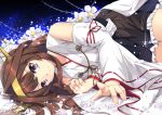  1girl bare_shoulders black_skirt brown_hair commentary detached_sleeves hairband headgear japanese_clothes kantai_collection kongou_(kantai_collection) long_hair lying nontraditional_miko on_side petals ribbon-trimmed_skirt ribbon-trimmed_sleeves ribbon_trim sheita skirt smile solo violet_eyes white_flower wide_sleeves 
