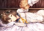  1girl blurry brown_eyes brown_hair depth_of_field dress hand_holding headgear highres kantai_collection looking_at_viewer lying on_side pillow pov sailor_dress short_hair smile speaking_tube_headset sugiyuu yellow_neckerchief yukikaze_(kantai_collection) 