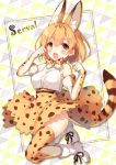  1girl :d animal_ears animal_print bangs belt blonde_hair blush boots bow bowtie breasts brown_eyes cat_ears cat_tail character_name clenched_hands dress elbow_gloves fang frame full_body gloves highres kemono_friends legs_up looking_at_viewer medium_breasts open_mouth paw_pose serval_(kemono_friends) serval_ears serval_tail short_hair sleeveless sleeveless_dress smile solo tail thigh-highs toosaka_asagi white_boots 