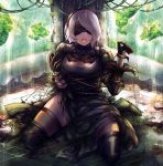  1girl black_dress black_gloves black_legwear blindfold breasts cleavage cleavage_cutout cuffs dress full_body gloves hairband kneeling large_breasts long_sleeves looking_at_viewer masayoshi mole mole_under_mouth nier_(series) nier_automata open_mouth restrained shackles short_hair silver_hair solo thigh-highs yorha_no._2_type_b 
