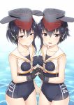  2girls 47_(479992103) asymmetrical_hair bangs black_gloves black_hair blue_swimsuit blush breasts brown_eyes closed_mouth collarbone cowboy_shot eyebrows_visible_through_hair gloves hair_between_eyes half-closed_eyes hand_holding hat headphones highres i-13_(kantai_collection) i-14_(kantai_collection) interlocked_fingers kantai_collection looking_at_viewer multiple_girls neckerchief ocean open_mouth outdoors partly_fingerless_gloves sailor_collar school_swimsuit short_hair_with_long_locks small_breasts smile swimsuit symmetry 