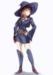  1girl akko_kagari bangs blunt_bangs boots brown_hair contrapposto hands_on_hips hat knee_boots little_witch_academia looking_at_viewer red_eyes shirowa smile solo thighs white_background wide_sleeves witch witch_hat 