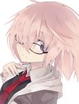  1girl arms_at_sides bangs black-framed_eyewear close-up closed_mouth collared_shirt eyebrows_visible_through_hair fate/grand_order fate_(series) from_side hair_over_one_eye hand_on_own_chest hood hoodie lavender_hair looking_at_viewer necktie open_clothes open_hoodie pink_hair red_necktie shielder_(fate/grand_order) shio_(shia-ushio) shirt short_hair simple_background smile solo upper_body violet_eyes white_background white_shirt wing_collar 