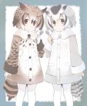  2girls akagashi_hagane brown_eyes brown_hair eurasian_eagle_owl_(kemono_friends) feathered_wings fur_collar fur_trim holding holding_spoon jacket kemono_friends light_brown_hair long_sleeves looking_at_viewer multicolored_hair multiple_girls northern_white-faced_owl_(kemono_friends) short_hair silver_hair symmetrical_pose tail white_legwear wings 