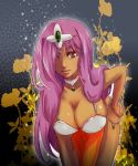  1girl bent_over breasts circlet cleavage dark_skin dragon_quest dragon_quest_iv hand_on_hip hanging_breasts jewelry large_breasts loincloth long_hair looking_at_viewer lowres manya purple_hair solo taora 