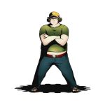  1boy belt brown_eyes brown_hat collarbone crossed_arms divine_gate full_body glasses green_shirt hashida_itaru hat looking_at_viewer official_art shadow shirt short_sleeves solo steins;gate transparent_background ucmm visor_cap yellow_hat 