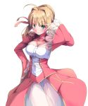  1girl ahoge arm_up bangs blonde_hair blush braid breasts center_opening cleavage closed_mouth cowboy_shot dress epaulettes eyebrows_visible_through_hair fate/extra fate_(series) french_braid green_eyes hair_bun hair_intakes hair_ribbon hand_on_hip juliet_sleeves large_breasts leotard long_sleeves looking_at_viewer maimu_(gol-em-1226) puffy_sleeves red_dress red_ribbon ribbon saber_extra see-through short_hair_with_long_locks sidelocks simple_background smile solo v white_background white_leotard 