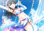  1girl bikini black_hair blue_eyes blush breasts cleavage clouds cloudy_sky dutch_angle highres idolmaster idolmaster_cinderella_girls joko_jmc long_hair microphone navel outstretched_arm sagisawa_fumika sarong sky solo swimsuit 