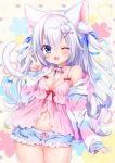  1girl ;3 ;d animal_ears arms_at_sides babydoll bangs bell blue_bow blue_ribbon blush bow breasts cat_ears cat_girl cat_tail cleavage eyebrows_visible_through_hair floral_background followers frills hair_between_eyes hair_ornament hair_ribbon hand_up jingle_bell long_hair looking_at_viewer medium_breasts mitsuba_choco navel neck_ribbon one_eye_closed open_mouth original pajamas paw_print ribbon short_shorts shorts sleepwear smile solo spaghetti_strap tail thigh_gap two_side_up v white_hair x_hair_ornament 